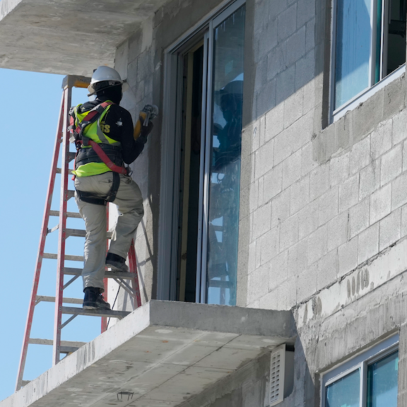 Construction worker on the side of a building