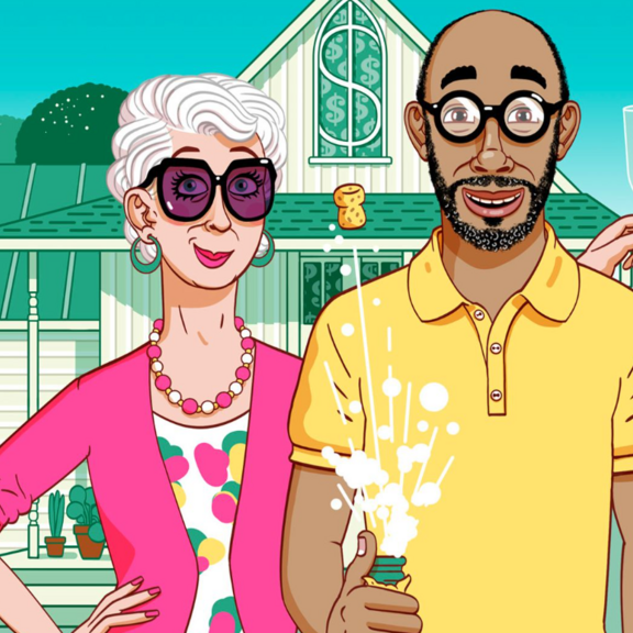 Illustration of a couple standing outside a house with a dollar sign on it