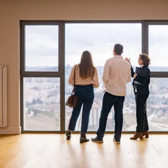 Three people staring out the window of an empty apartment