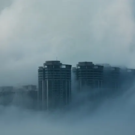 Illustration of a city shrouded in air pollution/clouds