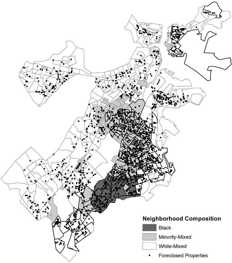 Over 80 percent of Boston’s foreclosures were concentrated in five of the city’s fifteen planning districts: Dorchester, Roxbury, Mattapan, Hyde Park, and East Boston. While the areas hit hard by the foreclosure crisis tended to have greater shares of black and Hispanic residents (compared to the city as a whole), there were significant differences in the racial and ethnic composition of the high foreclosure-rate Census blocks. Links to larger version of the same image.