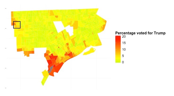 Trump voters were concentrated in whiter Detroit neighborhoods, notably in Southwest Detroit and downtown. Links to a larger verson of the same image.