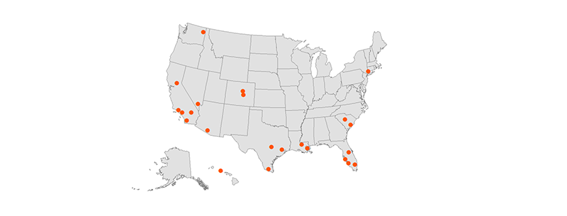 A map of the United States shows 23 metros that are in the top half for both renters in at-risk jobs and renters with severe cot burdens. These metros tend to be concentrated in the South and West. Links to a larger version of the same image.