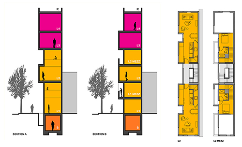 Section drawing showing how units stack. Plan drawing showing two apartments on either side of the central stair.