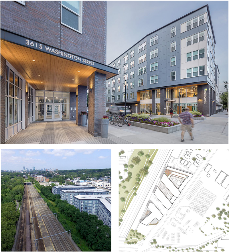 Plan, aerial and street level views of a five -story housing development in Boston. Parking is concealed behind ground floor units, retail and lobbies.