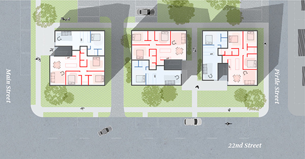 Site plan showing the three houses, which repeat the same rotated floor plan to create variation while retaining a standard design.