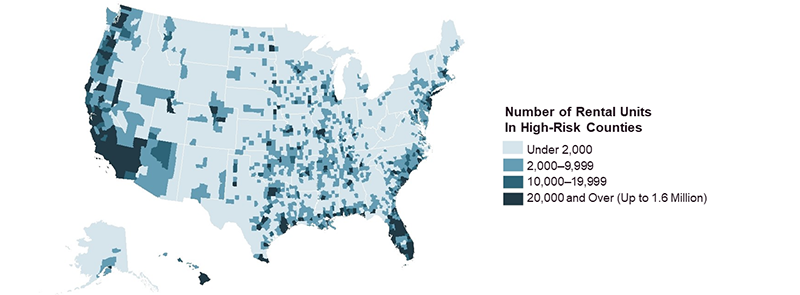 The figure is a map showing the number of housing units in areas with at least moderate expected annual losses from climate-related hazards. Counties on the West Coast, along the Gulf Coast, and in Florida have a particularly high number of at-risk homes, but nearly every state in the country has homes in areas with expected losses.