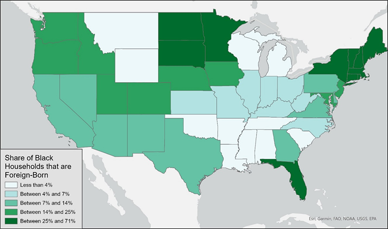 Immigrants make up the highest shares of Black households, between 25% and 71% of all Black households, in several states in the Northeast, including all of New England, as well as the Northern Midwest such as Minnesota and the Dakotas.