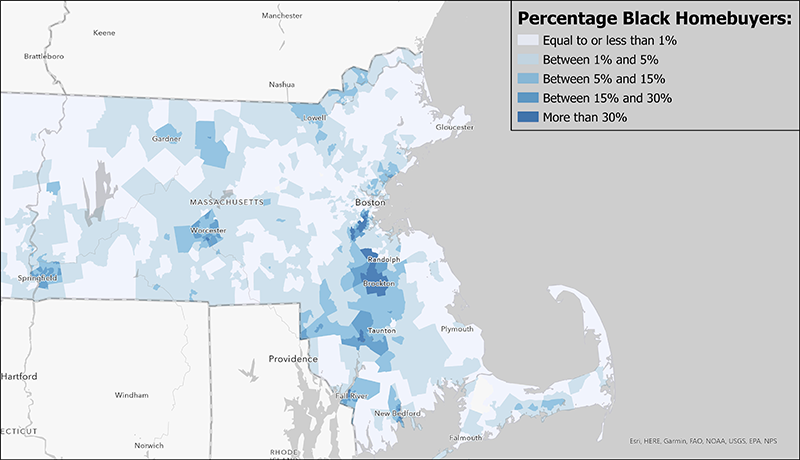 Map showing the percentage of all homebuyers that were Black during 2018-2021 in every tract in Central and Eastern Massachusetts. The map shows in 508 out of 1,453 tracts, 1% or less of all homebuyers were Black. At the same time, Black homebuyers remain heavily concentrated in just a few cities and towns: notably Southern Boston, Randolph, Brockton, Taunton, Worchester, and Springfield.