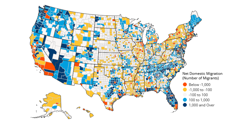 County-level maps showing domestic migration in 2019 and 2021. Many rural counties in 2019 show either no change in migration or loss in migration. In 2021, on the other hand, the map shows many more rural counties gaining migrants.