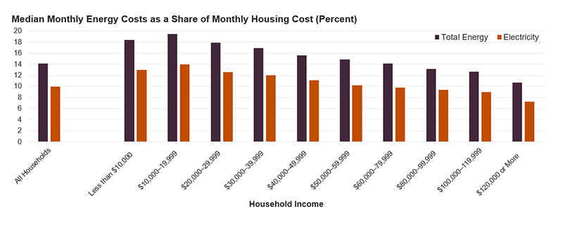 Clustered column chart showing the median monthly energy costs as a share of monthly housing cost by household income categories for total energy and electricity. Households with incomes of less than $20,000 have total energy cost burdens of over 18% and electricity cost burdens of 13-14%, compared with total energy cost burdens of less than 14% and electricity cost burdens of less than 10% for households with incomes of $80,000 or more.