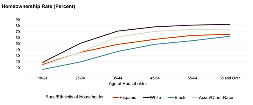 A line graph showing homeownership rates by age group and race/ethnicity. White householders have the highest homeownership rates across all age groups, followed by Asian/Other Race, Hispanic, and Black householders, with rates increasing steadily with age.