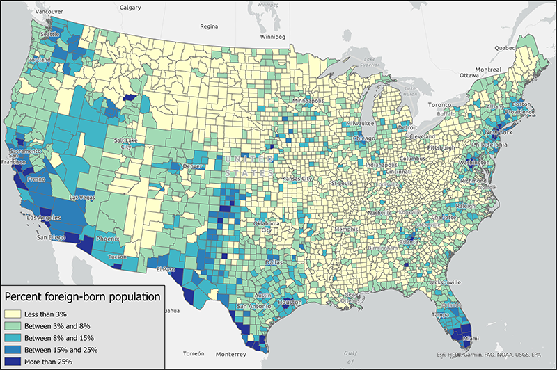 Map of the United States, showing the percentage of the foreign-born population at the county-level. The map shows that in many counties along the West Coast, along the Mexican border, in Texas, Southern Florida, and around cities in the Northeast, more than 25 percent of the population was foreign-born. The map also shows high percentages of foreign-born populations in counties around major cities, such as around LA, Houston, Washington DC, and Miami.