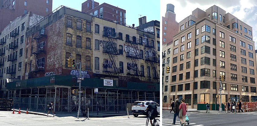 A distressed building on a New York City street corner (left) and the newly constructed building that replaced it.