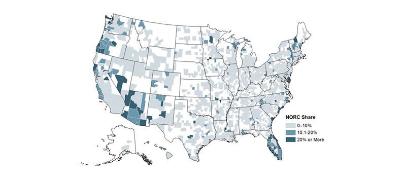 Figure 1 is a map showing the share of NORCs in each metropolitan area of the United States. Florida, Arizona, and Oregon all have several metros where more than 20 percent of the block groups in a metro are NORCs where at least half of the population is age 55 or older.