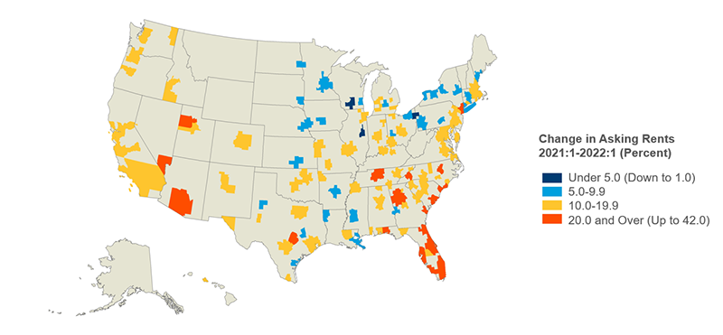 This map shows the year-over-year change in asking rents for professionally managed apartments the first quarter of 2021 and the first quarter of 2022, for 150 large metro markets across the country. Rents grew year-over-year in all 150 markets. Just three of these markets (all in the Midwest) had rent growth under 5 percent. An additional 31 markets, mostly in the Midwest and South, had rent growth between 5.0 and 9.9 percent. Rents grew between 10.0 and 19.9 percent in 90 markets. And in 26 markets, rents grew 20 percent or more. The majority of these markets were in the South, with half in Florida alone.