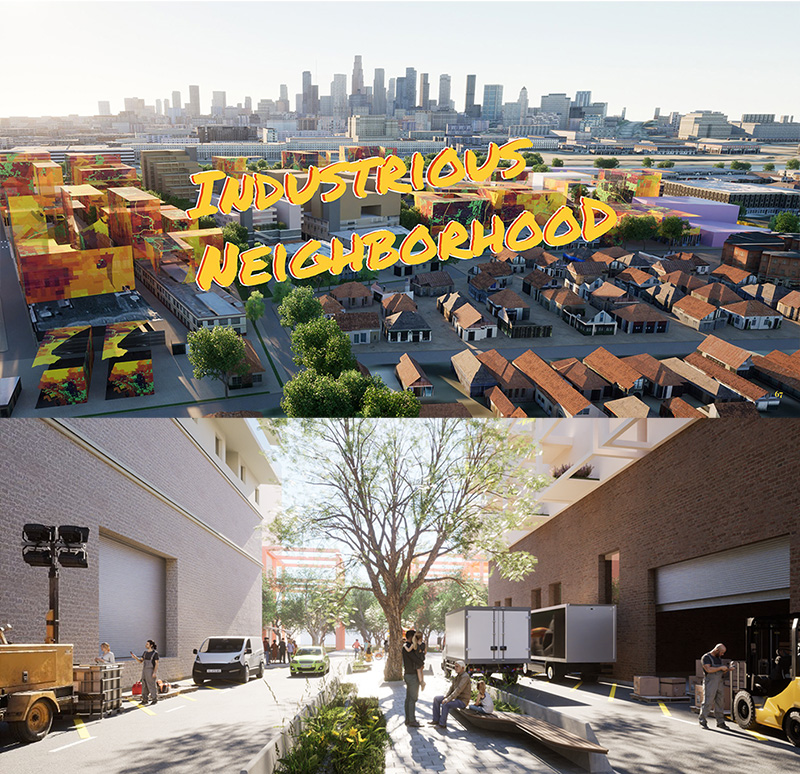 Top: Rendered industrial neighborhood with colorful translucent blocks overlaying the LA downtown skyline reading in bold graffiti style font: 'INDUSTRIOUS NEIGHBORHOOD.’ Bottom: Street view of the Industrious Neighborhood with a landscaped median surrounded by active industrial spaces.