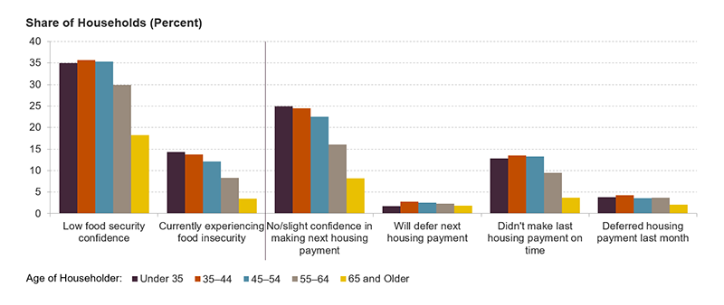 The chart shows the share of households by age group who: have low confidence for future food security, are currently experiencing food insecurity, have low confidence in making their next housing payment, will defer their next housing payment, were unable to make their last housing payment on time, and deferred last month’s housing payment. Across each of these categories, households headed by a younger person have higher shares than households headed by a person 65 and older.