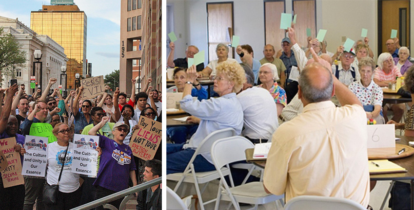 Two images: residents holding signs protesting evictions; older adults voting in a community room.