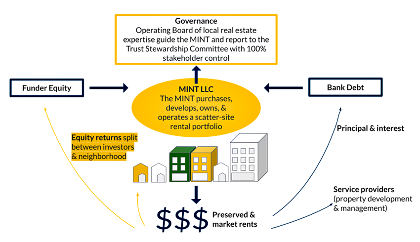 Diagram showing the governance and financing structure for a model MINT.