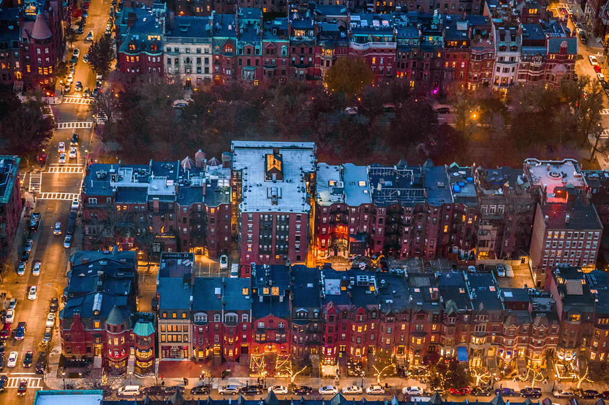 Aerial view of an urban neighborhood at night.