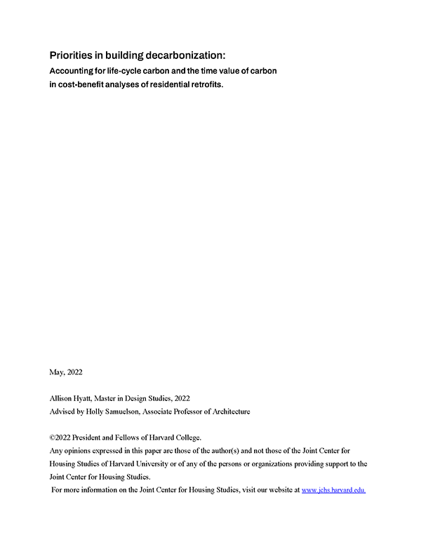 Cover of the paper "Priorities in Building Decarbonization: Accounting for life-cycle carbon and the time value of carbon in cost-benefit analyses of residential retrofits"