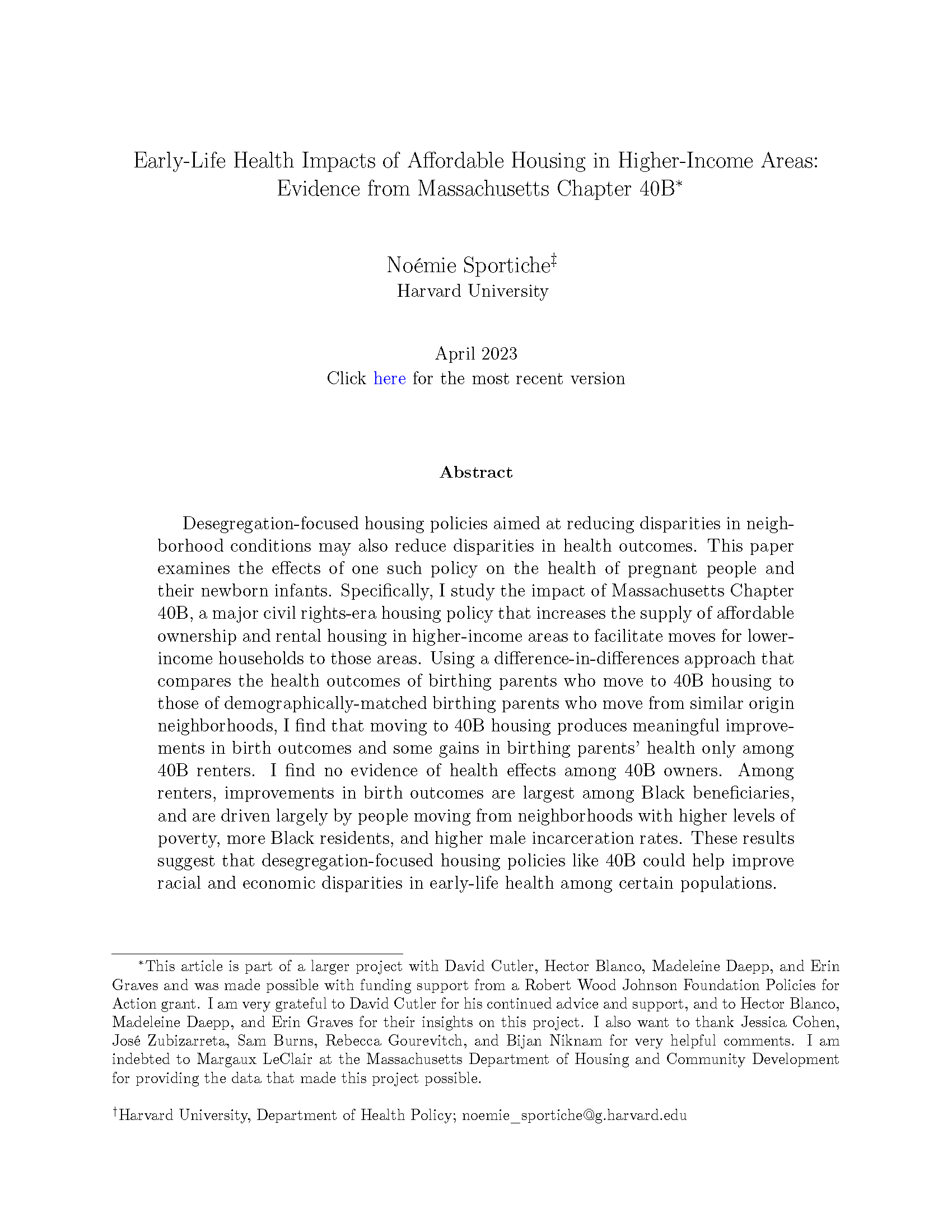 Cover of the paper "Early-Life Health Impacts of Affordable Housing in Higher-Income Areas: Evidence from Massachusetts Chapter 40B."