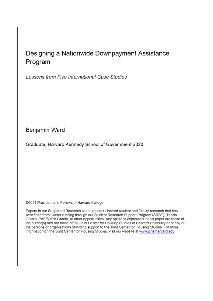 Cover of the paper "Designing a Nationwide Downpayment Assistance Program."