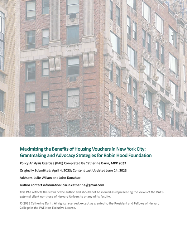 Cover of the paper "Maximizing the Benefits of Housing Vouchers in New York City: Grantmaking and Advocacy Strategies for Robin Hood Foundation."