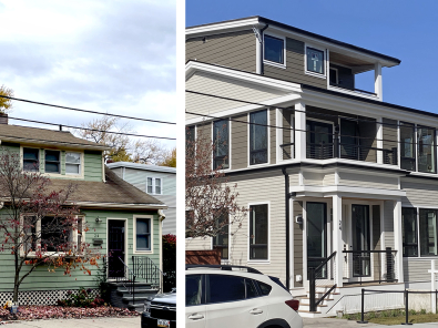 Two panel image showing a modest 1930s bungalow and the large, modern home that replaced it.