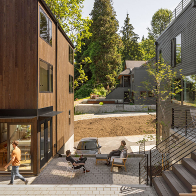 Modern residences surrounding a shared courtyard.