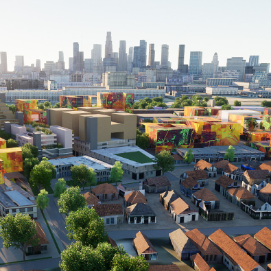 Rendering of a revitalized industrial zone with residential buildings atop warehouses in the foreground and downtown Los Angeles skyline in the background