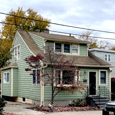 Two panel image showing a modest 1930s bungalow and the large, modern home that replaced it.