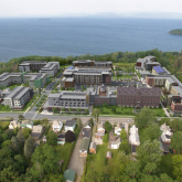 Aerial view of waterfront neighborhood.