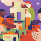 Decorative graphic of people holding houses