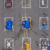 Aerial view of a city sanctioned camp for people experiencing homelessness in San Francisco blocks from City Hall.