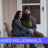 Man and woman sitting in front of house with caption "Middle-Aged Millennials."