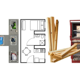 Graphic spelling "HELP" formed from different housing materials and photos.