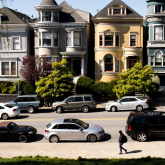View of colorful townhouses.