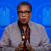 Shot of US Secretary of Housing and Urban Development Marcia Fudge speaking.