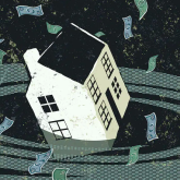 Illustration of house sinking into whirlpool.