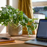 Desk with laptop and open window showing view of neighborhood beyond.