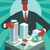 Illustration of large figure with arms around city block.