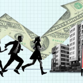 Graphic showing people, buildings, and 'for rent' sign.