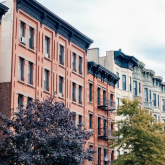 Multifamily apartment buildings in an urban context.