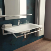 View of a sink with supportive bar built in.