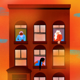 Graphic of a building with residents looking out the windows.