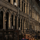A row of residential houses stands in Brooklyn's neighborhood of Bushwick, New York, US.