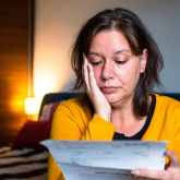 Woman considering bill.