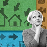Graphic of older woman considering housing types.